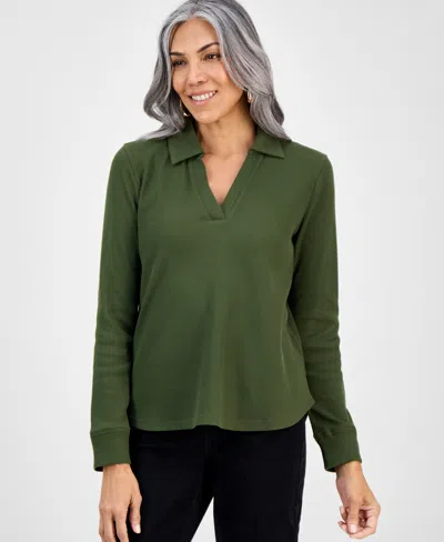 Style & Co Women's Waffle-knit Long-sleeve Polo Top, Macy's Exclusive In Green