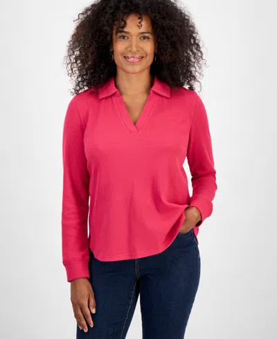 Style & Co Women's Waffle-knit Long-sleeve Polo Top, Macy's Exclusive In Pink