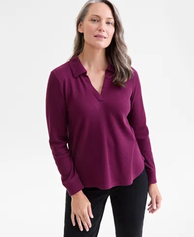 Style & Co Women's Waffle-knit Long-sleeve Polo Top, Macy's Exclusive In Purple