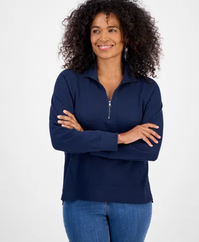 Style & Co Women's Waffle-knit Quarter Zip Top, Macy's Exclusive In Blue