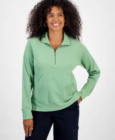Style & Co Women's Waffle-knit Quarter Zip Top, Macy's Exclusive In Green