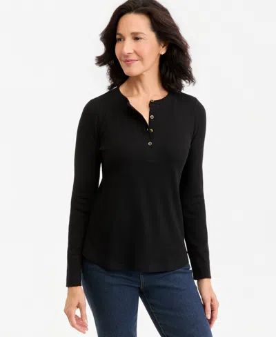 Style & Co Women's Waffle-knit Long-sleeve Henley, Macy's Exclusive In Deep Black