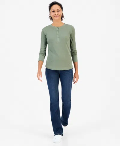 Style & Co Women's Waffle-knit Long-sleeve Henley, Macy's Exclusive In Leafy Clover