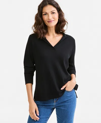 Style & Co Women's Waffle-knit Relaxed-fit Hoodie, Macy's Exclusive In Black