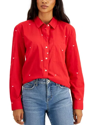 Style & Co Womens Collared Long Sleeve Button-down Top In Red