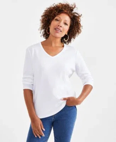 Style & Co Womens Cotton 3 4 Sleeve V Neck Tee Pxs 4x Created For Macys In White