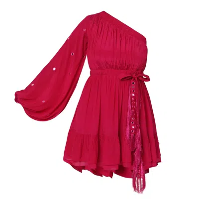 Style Junkiie Women's Pink Fuchsia One Shoulder Dress With Mirror Work In Red