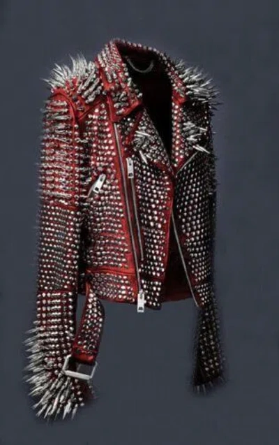 Pre-owned Style Men Punk Red Full Long Silver Spiked Studded Brando  Leather Jacket