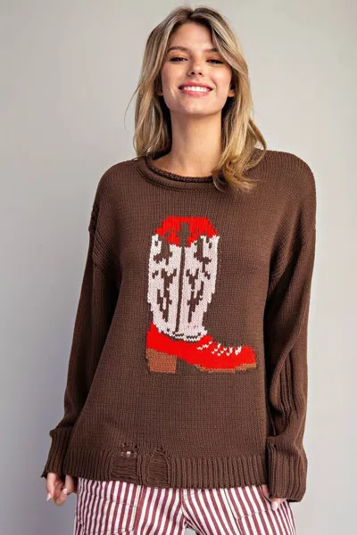 Style U Western Intarsia Long Sleeve Sweater In Chestnut Brown