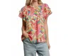 Style Usa Abstract Printed Double Ruffle Sleeved Top In Peach Mix In Multi