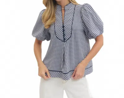 Style Usa Cambridge Gingham Puff Sleeve Blouse In Navy In Gray