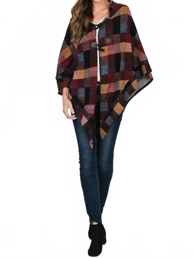 Style Usa Cool Nights Hooded Poncho In Burgundy Plaid In Multi