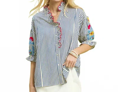 Style Usa Embroidered Ruffle Trim Stripe Blouse In Blue In Multi