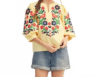 Style Usa Embroidered V-neck Woven Top In Banana Yellow In Multi