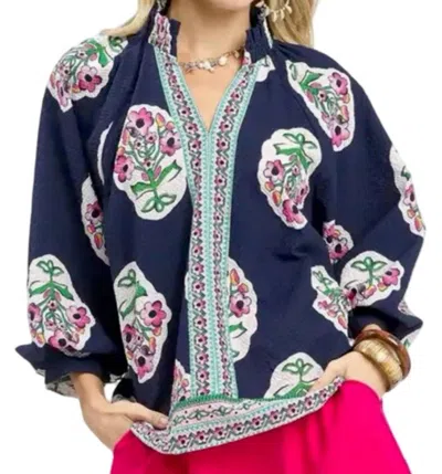 Style Usa Floral Print Tunic Top In Navy In Blue