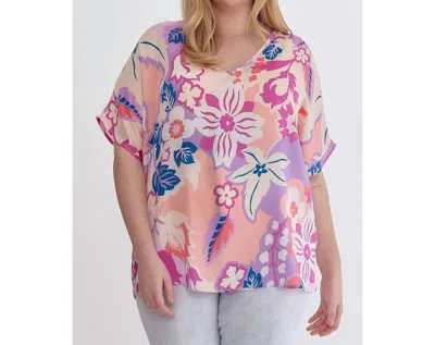 Style Usa Floral Satin V-neck Short Sleeve Top - Plus In Orchid In Pink