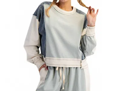 Style Usa Frayed Color Block Long Sleeve Pullover In Sage In Blue