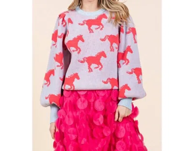 Style Usa Horse Print Knit Sweater In Powdered Blue In Multi