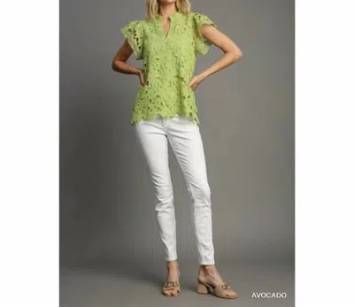 Style Usa Lace Split Neck Top In Green