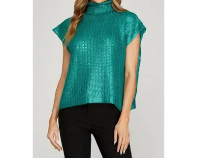 Style Usa Metallic Foiled Sweater Top In Emerald In Gold