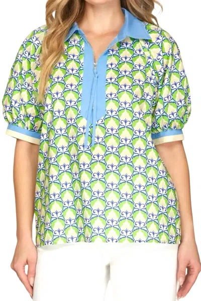 Style Usa Printed Half Zip Top In Green
