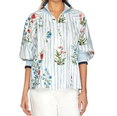 Style Usa Printed Half Zip Top In Light Blue In Multi