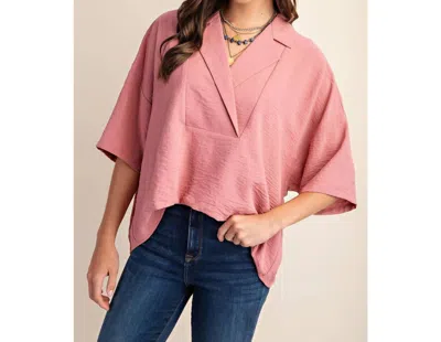 Style Usa V-neck Collared Pop Over Top In Dusty Pink