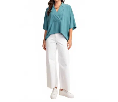 Style Usa V-neck Collared Pop Over Top In Teal In Blue