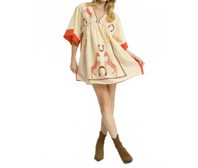 Style Usa Western Horse Embroidered Dress In Coral In Yellow