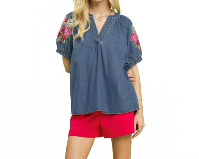 Style Usa Women's Denim Embroidered Puff Sleeve Boho Top In Blue