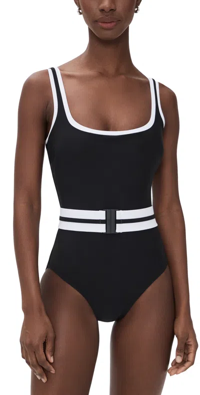 Stylest Dreamsculpt Piped Square Neck Swimsuit Caviar/blanc In Black