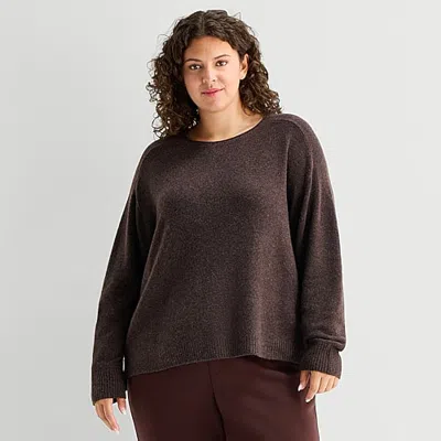 Stylus Plus Womens Crew Neck Long Sleeve Striped Pullover Sweater In Brown