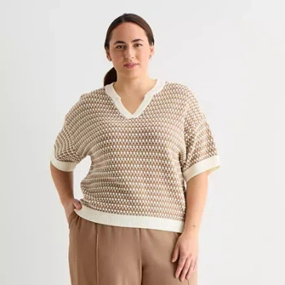 Stylus Plus Womens Crew Neck Short Sleeve Pullover Sweater In Neutral