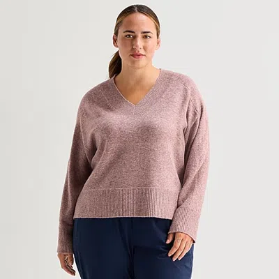 Stylus Plus Womens V Neck Long Sleeve Pullover Sweater In Pink