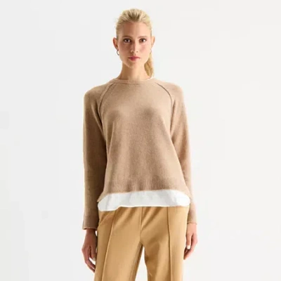 Stylus Womens Crew Neck Long Sleeve Pullover Sweater In Brown