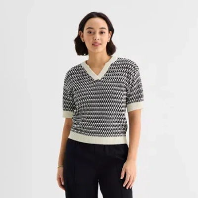 Stylus Womens Crew Neck Short Sleeve Pullover Sweater In Black