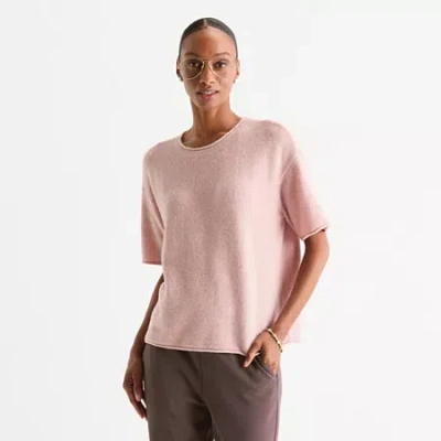 Stylus Womens Crew Neck Short Sleeve Pullover Sweater In Pink