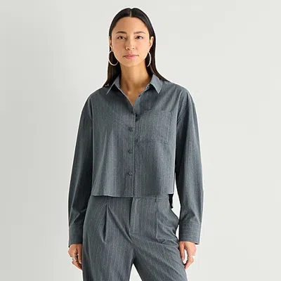 Stylus Womens Cuffed Long Sleeve Regular Fit Button-down Shirt In Gray