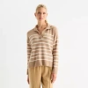 Stylus Womens Johnny Collar Long Sleeve Striped Pullover Sweater In Brown