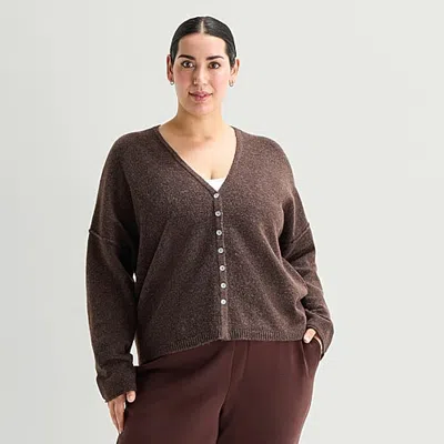 Stylus Womens Long Sleeve Button Plus Cardigan In Brown