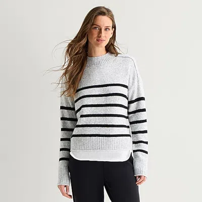 Stylus Womens Mock Neck Long Sleeve Striped Pullover Sweater In Gray