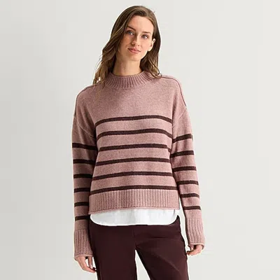 Stylus Womens Mock Neck Long Sleeve Striped Pullover Sweater In Pink