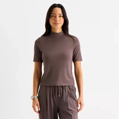 Stylus Womens Mock Neck Short Sleeve T-shirt In Purple