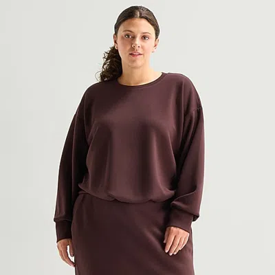 Stylus Womens Plus Crew Neck Long Sleeve T-shirt In Brown