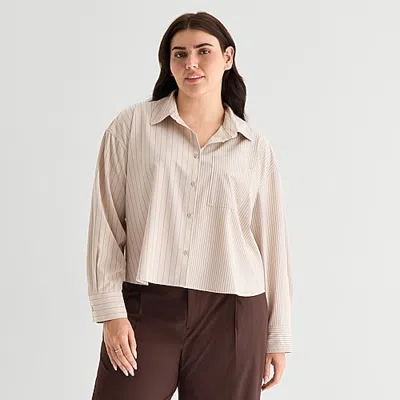 Stylus Womens Plus Cuffed Long Sleeve Regular Fit Button-down Shirt In Gray