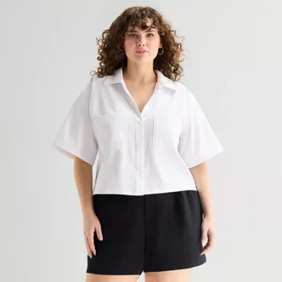 Stylus Womens Plus V Neck Short Sleeve Camp Shirt In White