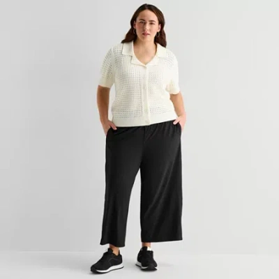 Stylus Womens Plus Wide Leg Mid Rise Cropped Pant In Black