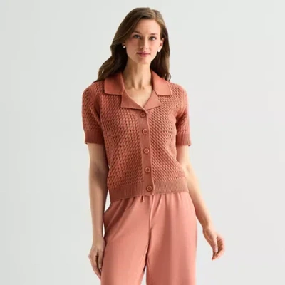 Stylus Womens Short Sleeve Polo Sweater In Brown