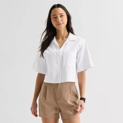 Stylus Womens V Neck Short Sleeve Camp Shirt In White