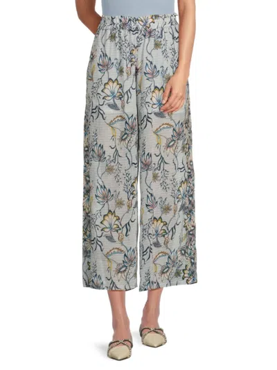 Subtle Luxury Women's Botanical Wide-leg Pants In Light Blue Ivory Multi